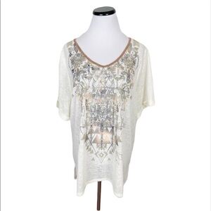 Tru Self Sheer V-Neck Short Sleeve Metallic Top Lace Detail White Cream Size 2X